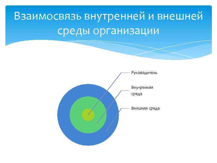 Взаимосвязь внутренней и внешней среды организации Руководитель Внутренняя среда Внешняя среда 
