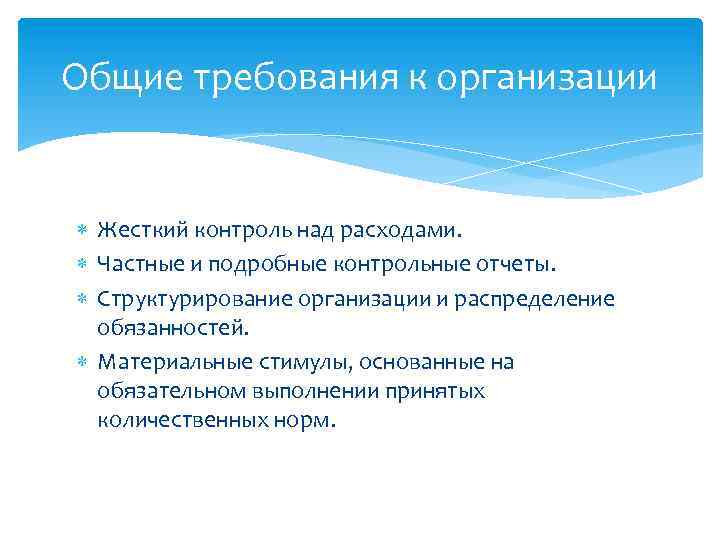 Общие требования к организации Жесткий контроль над расходами. Частные и подробные контрольные отчеты. Структурирование
