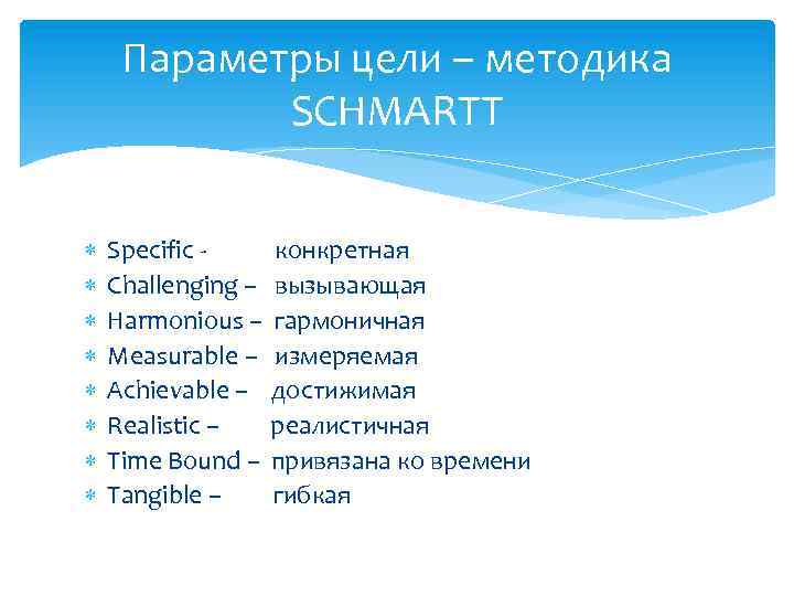 Параметры цели – методика SCHMARTT Specific Challenging – Harmonious – Measurable – Achievable –