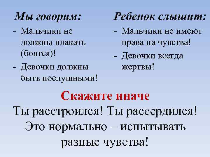 Мы говорим: Ребенок слышит: - Мальчики не должны плакать (боятся)! - Девочки должны быть