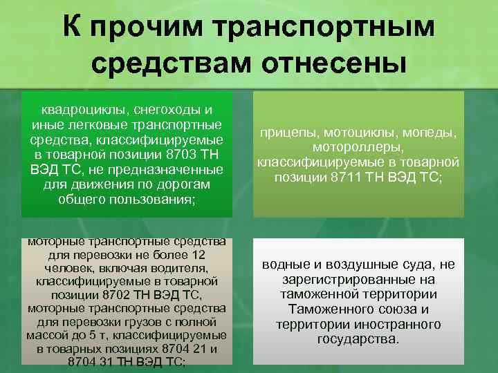 К прочим транспортным средствам отнесены квадроциклы, снегоходы и иные легковые транспортные средства, классифицируемые в