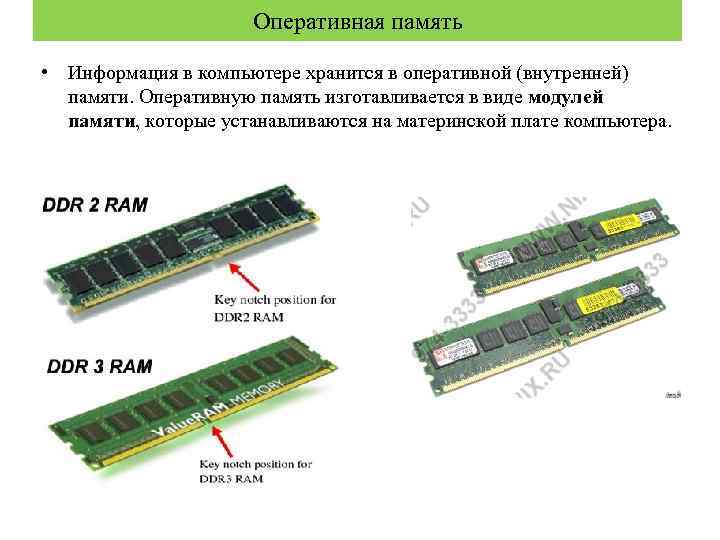 Оперативная память • Информация в компьютере хранится в оперативной (внутренней) памяти. Оперативную память изготавливается