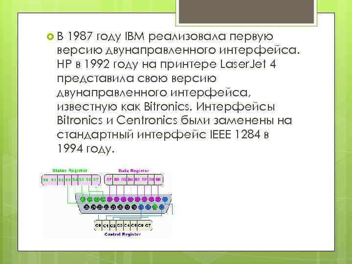  В 1987 году IBM реализовала первую версию двунаправленного интерфейса. HP в 1992 году