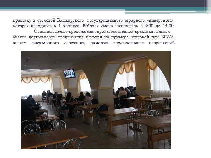 практику в столовой Башкирского государственного аграрного университета, которая находится в 1 корпусе. Рабочая смена