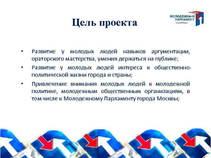 Цель проекта • • • Развитие у молодых людей навыков аргументации, ораторского мастерства, умения