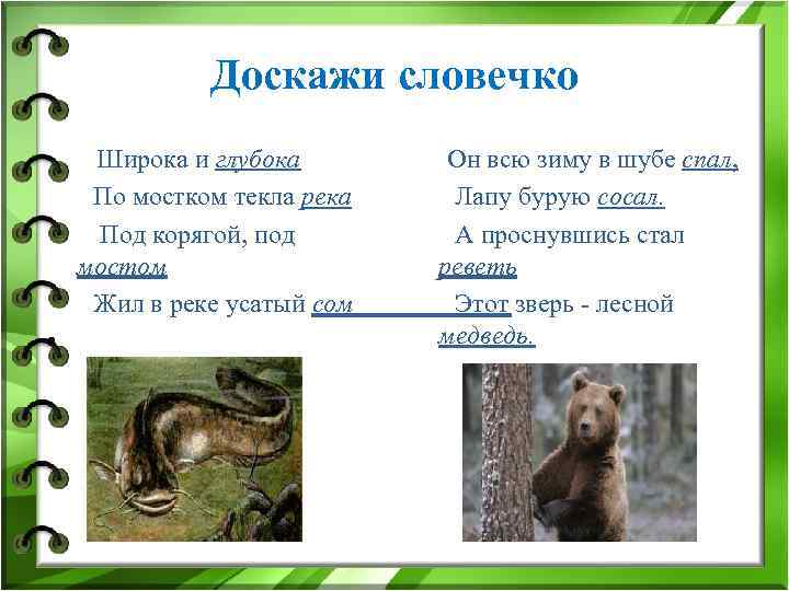 Доскажи словечко Широка и глубока По мостком текла река Под корягой, под мостом Жил