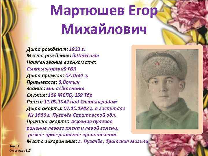 Мартюшев Егор Михайлович Дата рождения: 1923 г. Место рождения: д. Шахсикт Наименование военкомата: Сыктывкарский