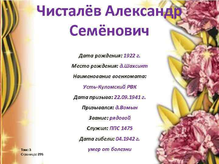 Чисталёв Александр Семёнович Дата рождения: 1922 г. Место рождения: д. Шахсикт Наименование военкомата: Усть-Куломский