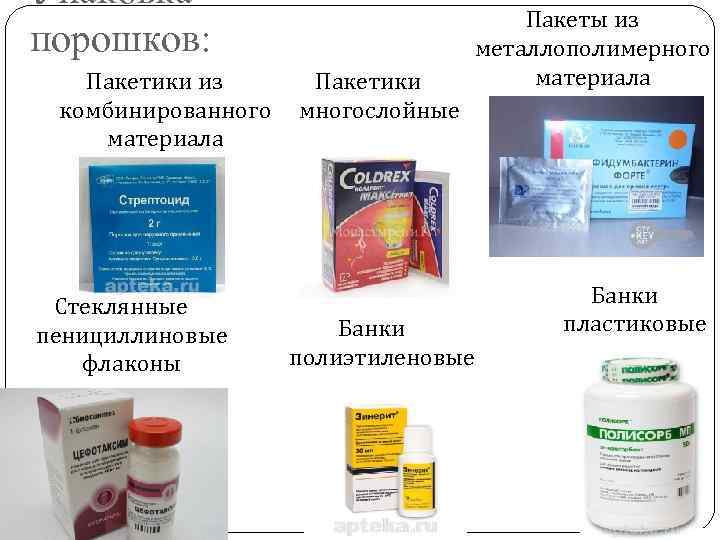 Упаковка порошков: Пакетики из комбинированного материала Стеклянные пенициллиновые флаконы Пакетики многослойные Пакеты из металлополимерного