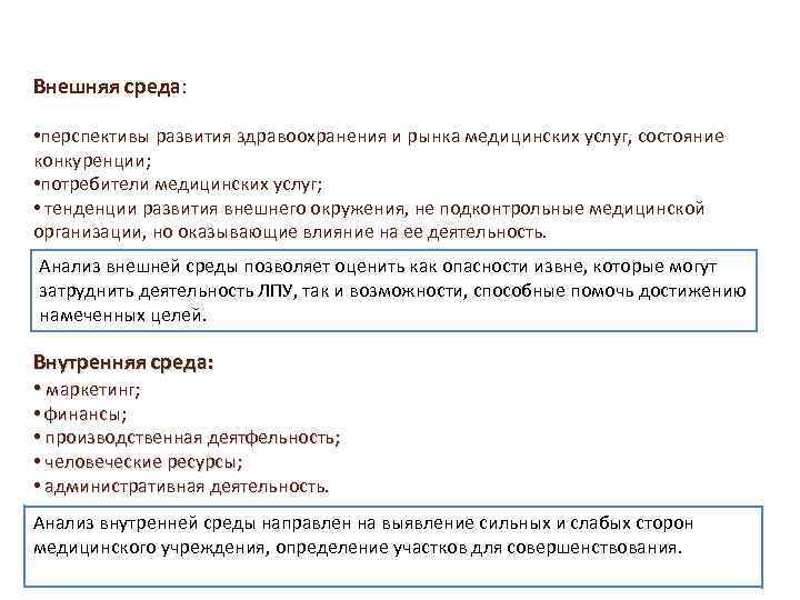 Внешняя среда: • перспективы развития здравоохранения и рынка медицинских услуг, состояние конкуренции; • потребители