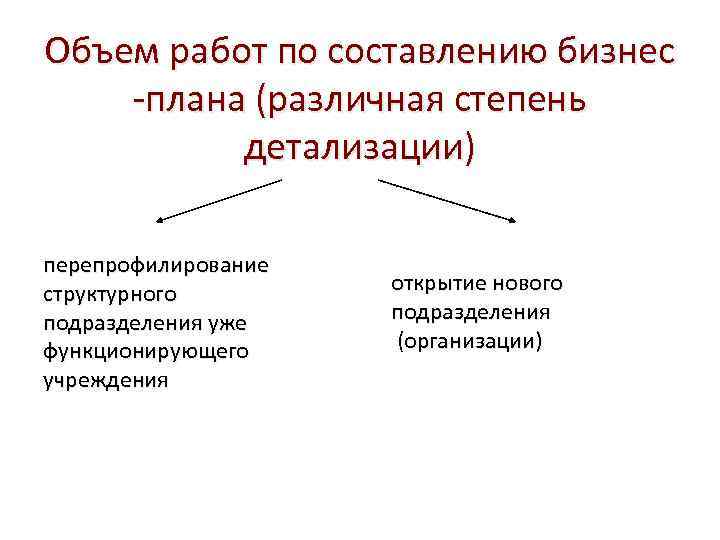 Объем работ по составлению бизнес -плана (различная степень детализации) перепрофилирование структурного подразделения уже функционирующего