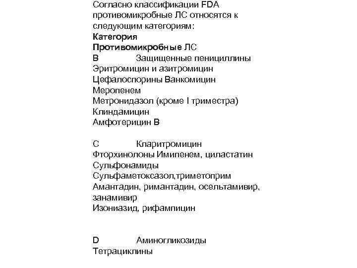 Согласно классификации FDA противомикробные ЛС относятся к следующим категориям: Категория Противомикробные ЛС В Защищенные