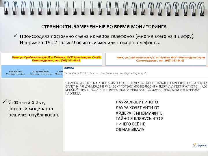 СТРАННОСТИ, ЗАМЕЧЕННЫЕ ВО ВРЕМЯ МОНИТОРИНГА ü Происходила постоянно смена номеров телефонов (многие всего на