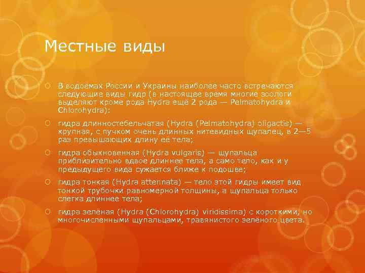 Местные виды В водоёмах России и Украины наиболее часто встречаются следующие виды гидр (в