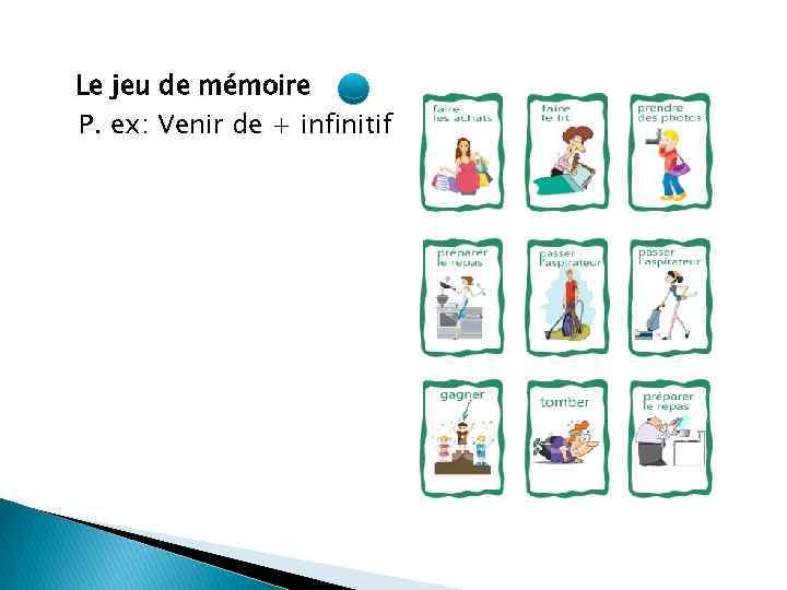 Le jeu de mémoire P. ex: Venir de + infinitif 