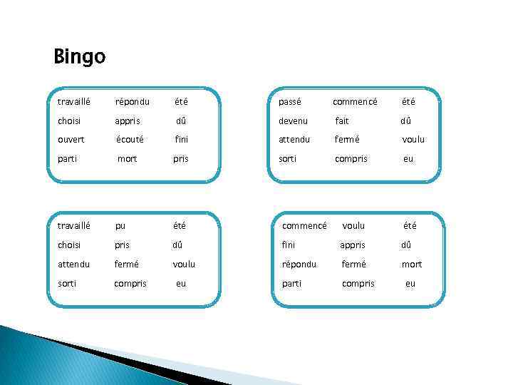 Bingo travaillé répondu été passé commencé été choisi appris dû devenu fait dû ouvert