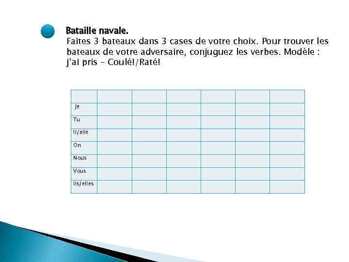 Bataille navale. Faites 3 bateaux dans 3 cases de votre choix. Pour trouver les