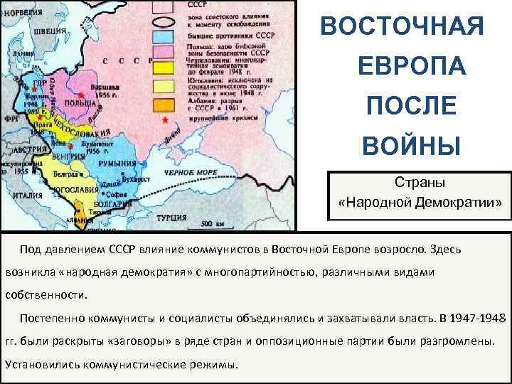 ВОСТОЧНАЯ ЕВРОПА ПОСЛЕ ВОЙНЫ Страны «Народной Демократии» Под давлением СССР влияние коммунистов в Восточной