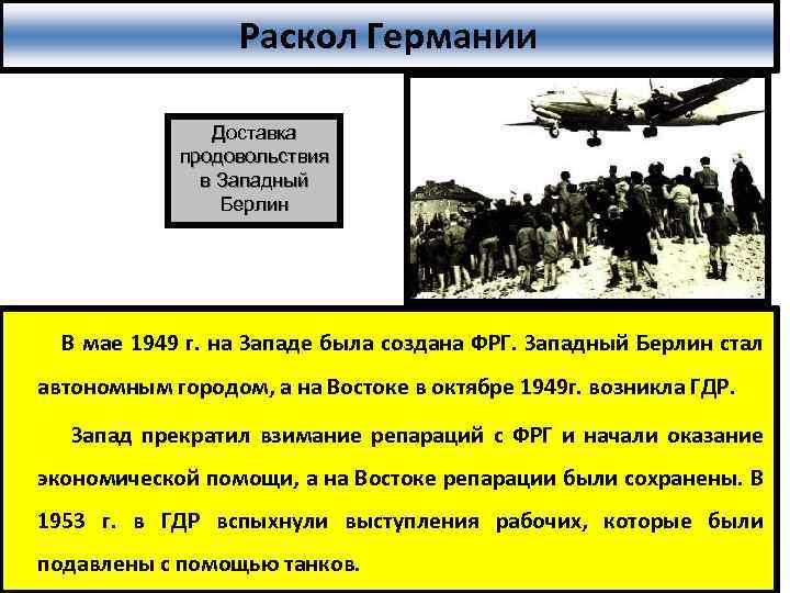 Раскол Германии Доставка продовольствия в Западный Берлин В мае 1949 г. на Западе была