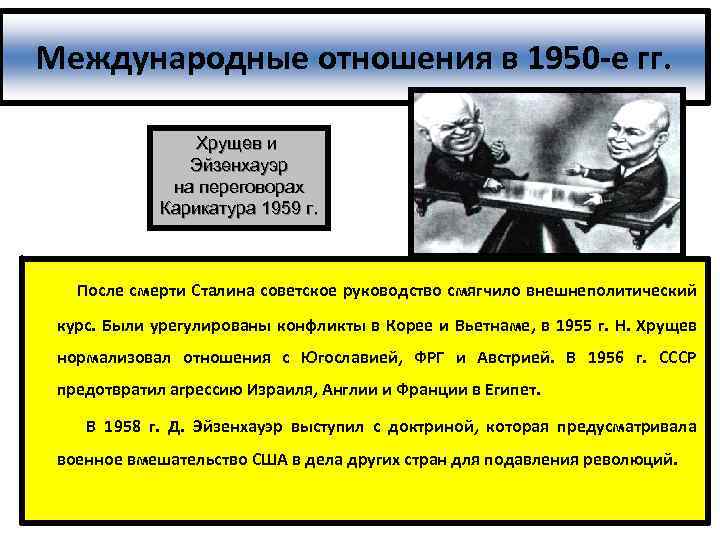 Международные отношения в 1950 -е гг. Хрущев и Эйзенхауэр на переговорах Карикатура 1959 г.