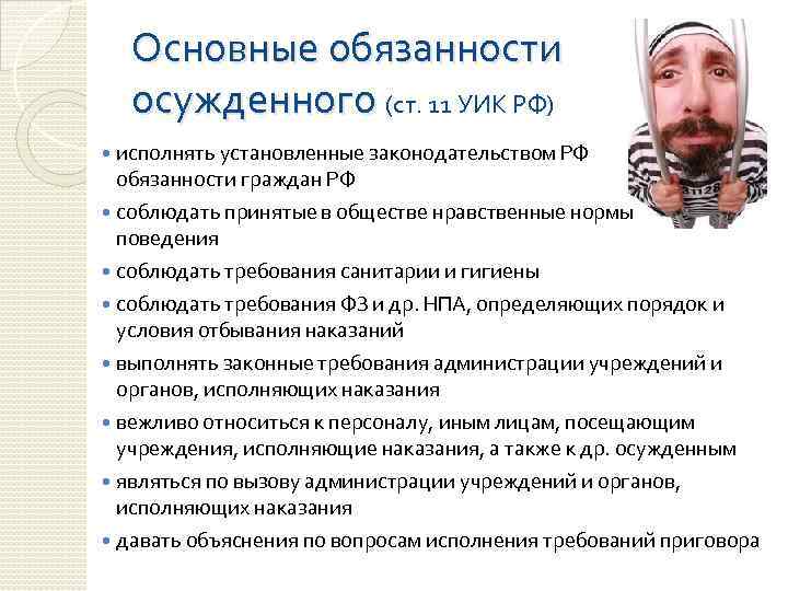 Ст уик. Основные права и обязанности заключенных. Специфические права и обязанности осужденных.. Основные обязанности осужденного. Основные права осужденного.