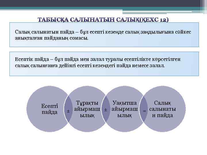 Салық салынатын пайда – бұл есепті кезеңде салық заңдылығына сәйкес анықталған пайданың сомасы. Есептік