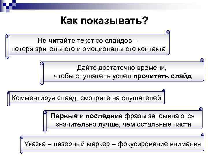 Как показывать? Не читайте текст со слайдов – потеря зрительного и эмоционального контакта Дайте