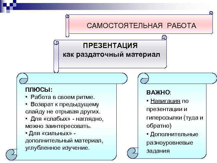 САМОСТОЯТЕЛЬНАЯ РАБОТА ПРЕЗЕНТАЦИЯ как раздаточный материал ПЛЮСЫ: • Работа в своем ритме. • Возврат