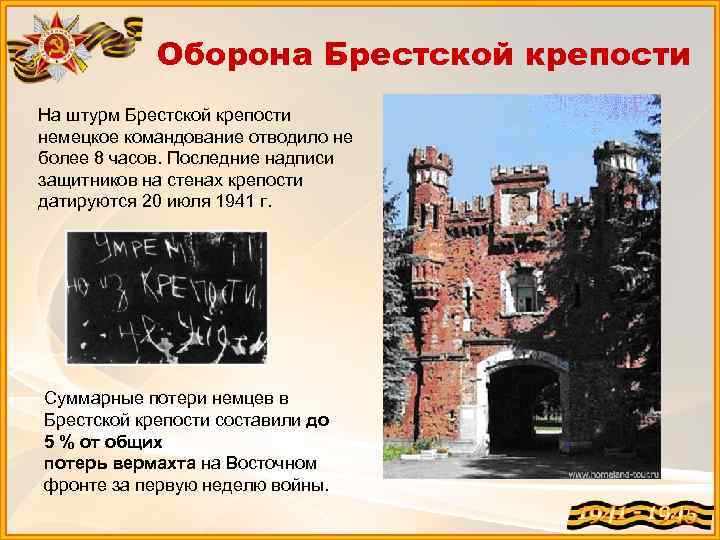 Оборона Брестской крепости На штурм Брестской крепости немецкое командование отводило не более 8 часов.