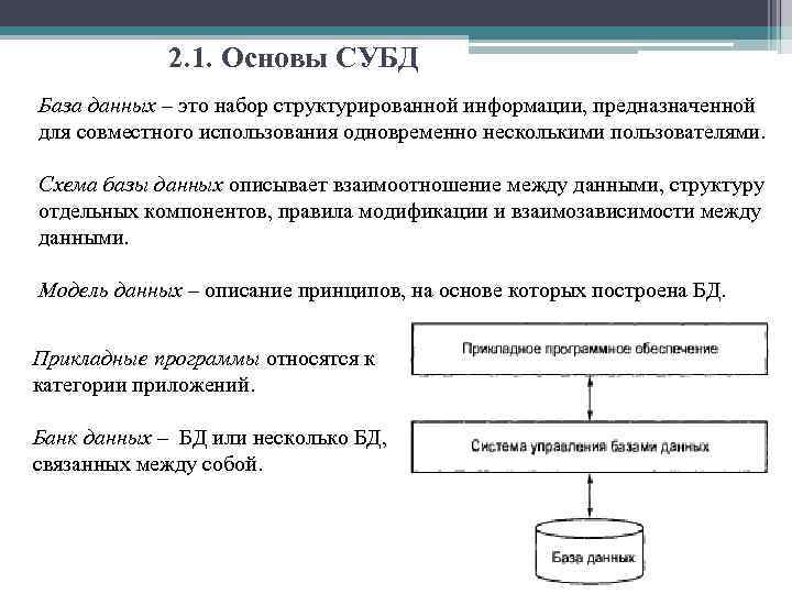 2. 1. Основы СУБД База данных – это набор структурированной информации, предназначенной для совместного