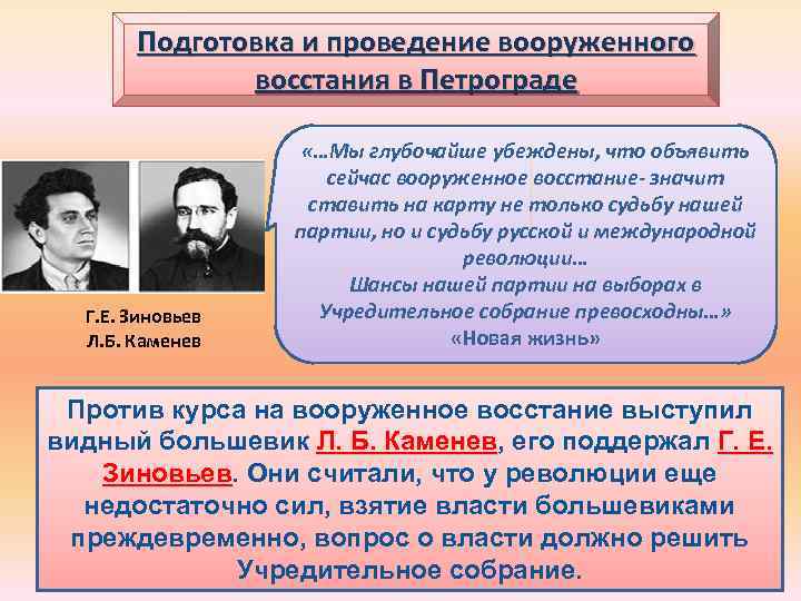 Подготовка и проведение вооруженного восстания в Петрограде Г. Е. Зиновьев Л. Б. Каменев «…Мы