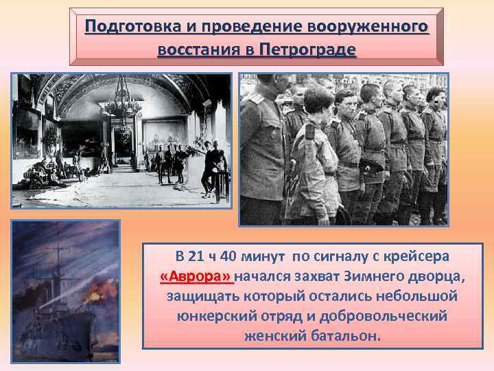 Подготовка и проведение вооруженного восстания в Петрограде В 21 ч 40 минут по сигналу