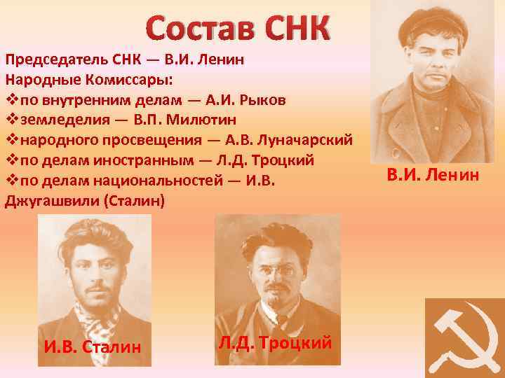 Состав СНК Председатель СНК — В. И. Ленин Народные Комиссары: vпо внутренним делам —