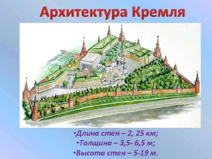Архитектура Кремля • Длина стен – 2, 25 км; • Толщина – 3, 5