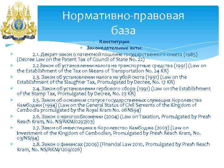 Нормативно-правовая база Конституция Законодательные акты: 2. 1. Декрет-закон о патентной пошлине государственного совета (1985)