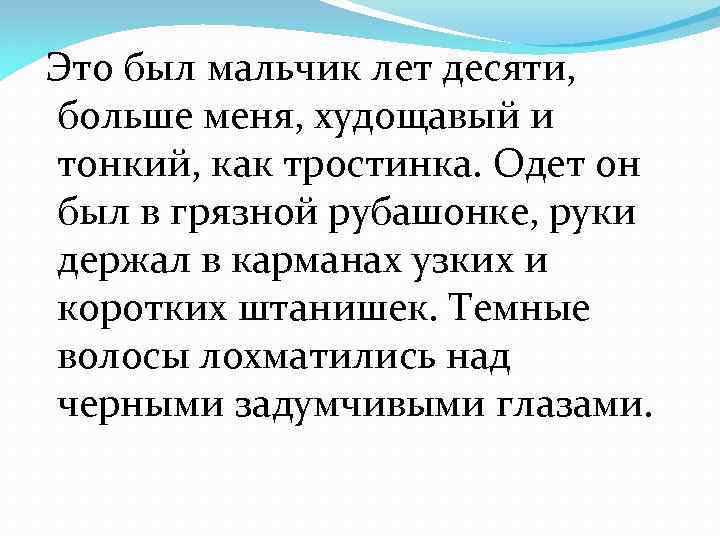Это был мальчик лет десяти, больше меня, худощавый и тонкий, как тростинка. Одет он