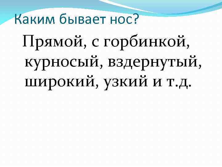 Каким бывает нос? Прямой, с горбинкой, курносый, вздернутый, широкий, узкий и т. д. 