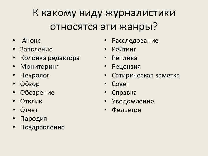 К какому виду журналистики относятся эти жанры? • • • Анонс Заявление Колонка редактора