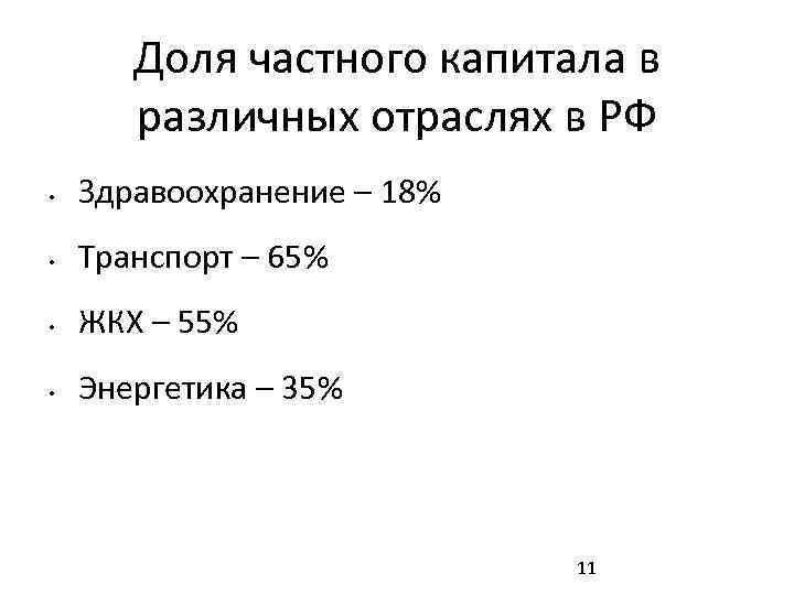 Доля частного капитала в различных отраслях в РФ • Здравоохранение – 18% • Транспорт