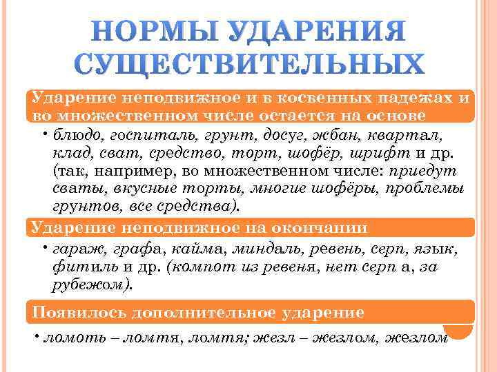 НОРМЫ УДАРЕНИЯ СУЩЕСТВИТЕЛЬНЫХ Ударение неподвижное и в косвенных падежах и во множественном числе остается