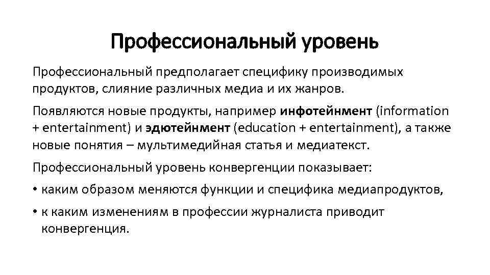 Профессиональный уровень Профессиональный предполагает специфику производимых продуктов, слияние различных медиа и их жанров. Появляются