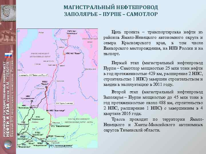 МАГИСТРАЛЬНЫЙ НЕФТЕПРОВОД ЗАПОЛЯРЬЕ – ПУРПЕ – САМОТЛОР Цель проекта – транспортировка нефти из районов