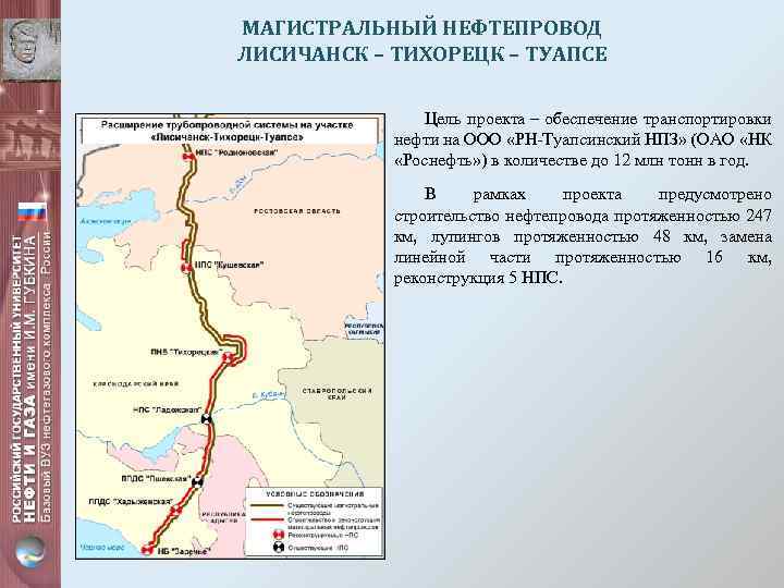 МАГИСТРАЛЬНЫЙ НЕФТЕПРОВОД ЛИСИЧАНСК – ТИХОРЕЦК – ТУАПСЕ Цель проекта – обеспечение транспортировки нефти на