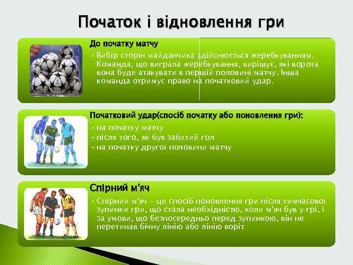 Початок і відновлення гри До початку матчу • Вибір сторін майданчика здійснюється жеребкуванням. Команда,