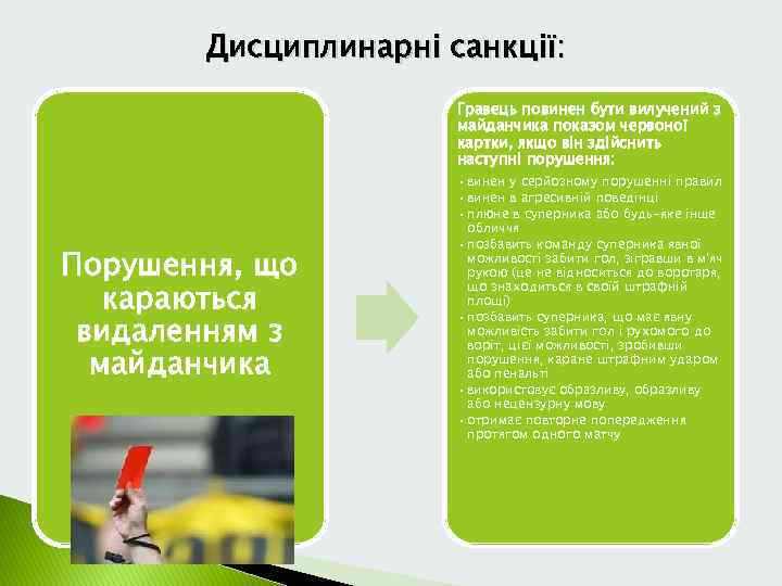 Дисциплинарні санкції: Гравець повинен бути вилучений з майданчика показом червоної картки, якщо він здійснить