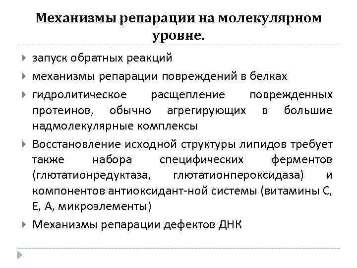 Механизмы репарации на молекулярном уровне. запуск обратных реакций механизмы репарации повреждений в белках гидролитическое