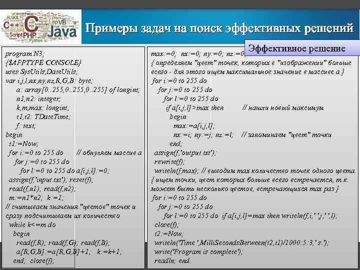 Примеры задач на поиск эффективных решений program N 3; {$APPTYPE CONSOLE} uses Sys. Utils,