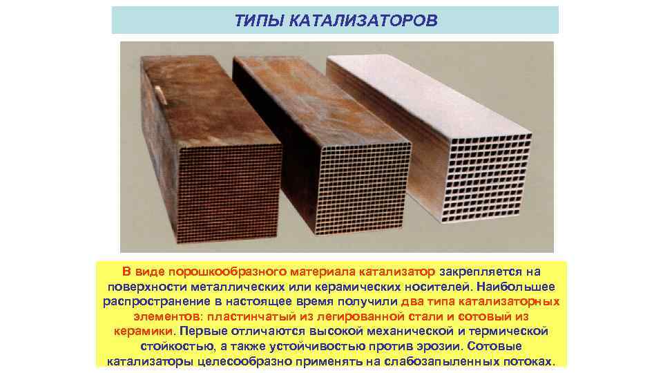 ТИПЫ КАТАЛИЗАТОРОВ В виде порошкообразного материала катализатор закрепляется на поверхности металлических или керамических носителей.