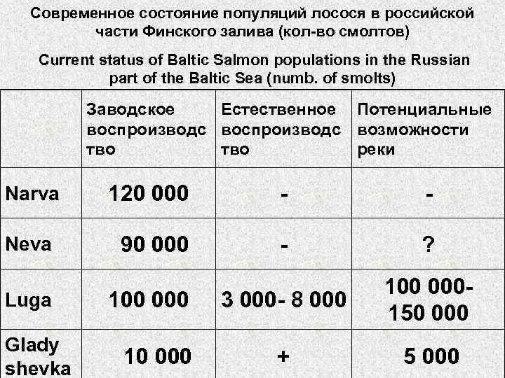 Современное состояние популяций лосося в российской части Финского залива (кол-во смолтов) Current status of