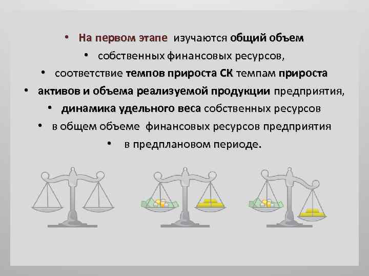  • На первом этапе изучаются общий объем • собственных финансовых ресурсов, • соответствие